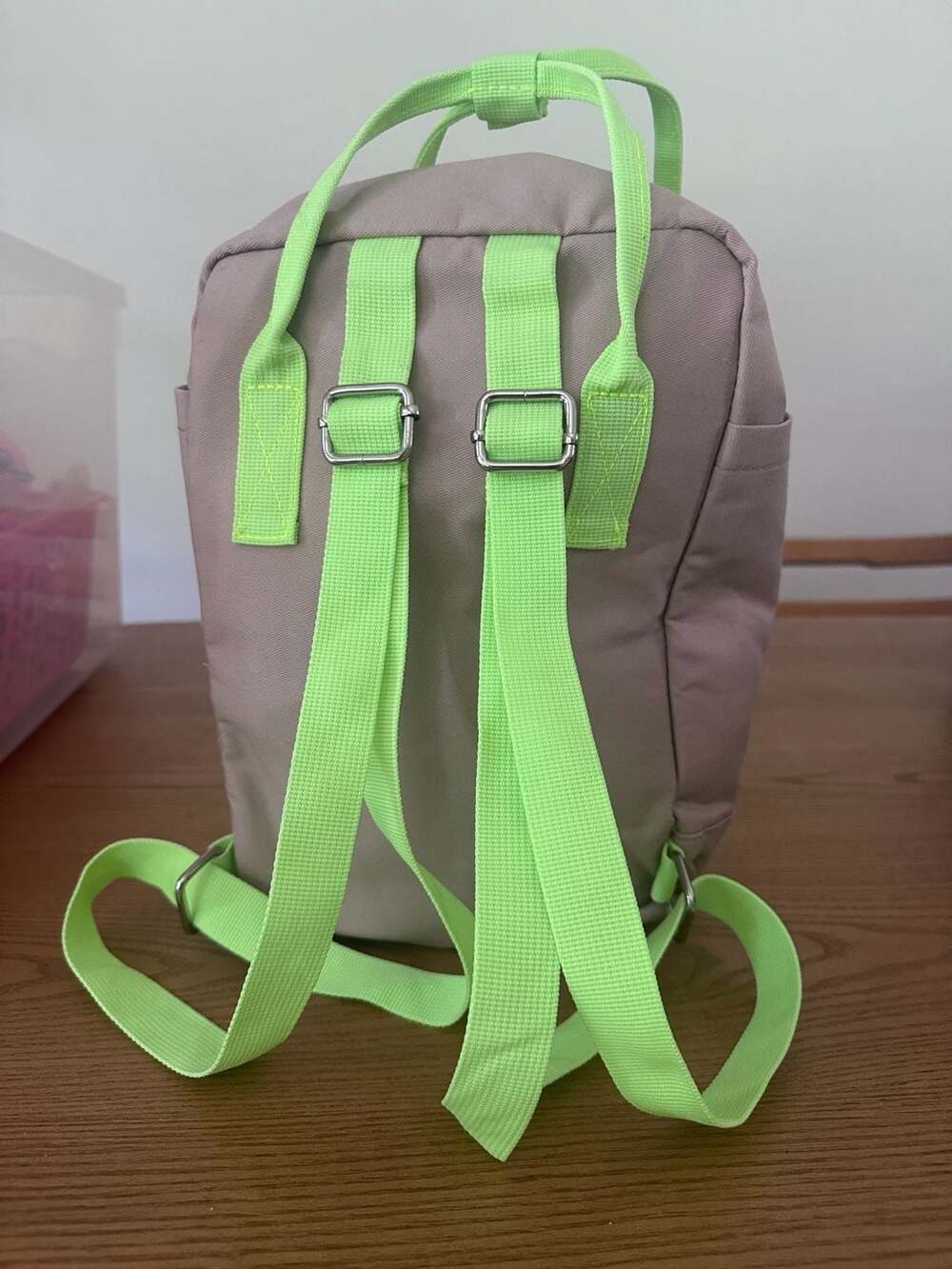 No Boundaries Mini Square Backpack Tan with Neon Green Straps - Picture 2 of 3